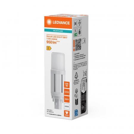 Ledvance DULUX D18 LED Kompaktlampe 2Pin G24d  7,5W wie 18W 4000K neutralweißes Licht EM & AC für KVG/VVG